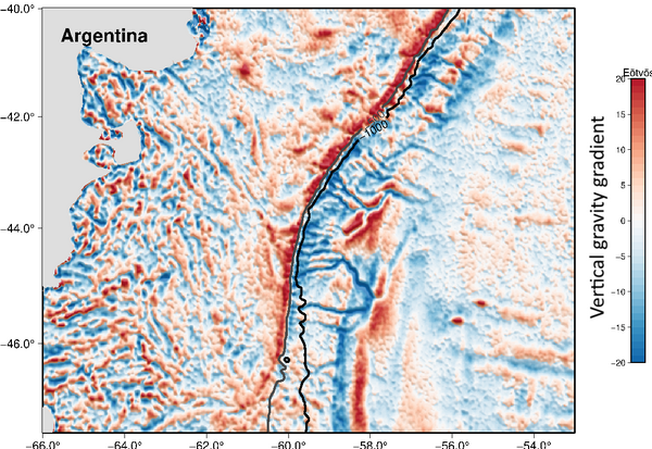 The South-East America continental margin is mostly flat seafloor in areas shallower than 1000 m so the vertical gravity gradient reveals basement structure not resolved before Swot. East of the 1000 m contour, the continental shelf is incised by river channels carrying sediment to the deep Argentine basin (deep blue linear structures). These features are now resolved globally including the Antarctic margins. (Credit Scripps Institution of Oceanography, courtesy Y. Yu & D. Sandwell)