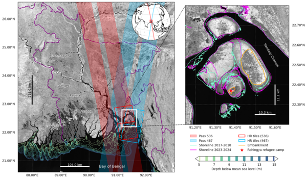 Area of study. Background: Sentinel-2 aggregated image (in greyscale); red and blue bands left represent the Swot swathes used. Zoom on the focus zone, right, with cyan and magenta lines of the average shoreline positions of the two yearsn and 1 m isobaths between 5 m and 15 m (credit La Rochelle University, from [Yeasmin et al., 2026])