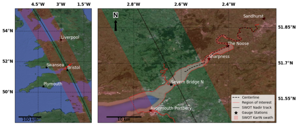 Swot swathes (Calval 1-day orbit) over the English Channel and British Islands (left), zoom on the Severn estuary (right) (credit DTU) Swot swathes (Calval 1-day orbit) over the English Channel and British Islands (left), zoom on the Severn estuary (right) (credit DTU)