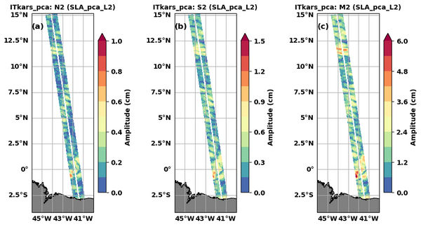 Amplitude (in cm) of the internal tides N2 (a), S2 (b), and M2 (c) of the model derived by harmonic analysis. Only swath points with at least 80 valid cycles were analysed (Credit Cnes/CLS)