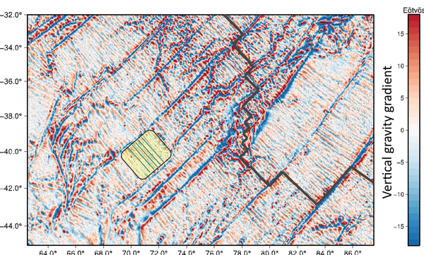 Abyssal are the most common landform on Earth. Abyssal hills, shown in this vertical gravity gradient map in the South Indian Ocean as parallel lines (such as the ones highlighted in green in the yellow box), form at seafloor spreading ridges (black thick lines) and thus reveal past plate tectonics. Prior to Swot, abyssal hills were only mapped from dedicated ships using multibeam sonar. Within the processed Swot data they are visible almost everywhere in the ocean basins. (Credit Scripps Institution of Oceanography, courtesy Y. Yu & D. Sandwell)