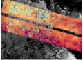 In color, topography measured by KaRIn (250m resolution, blue: lower heights, red: higher heights), overlaid on data from Sentinel-1A's classical SAR imager (one day difference between the two measurements) (Credit Cnes/CLS/JPL)