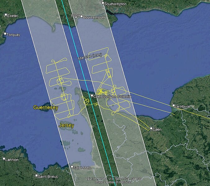 Lidar flights trajectory over the Swot 1-day orbit track in the vicinity of the Baie de Veys in Normandy, France (credit M2C Lab, Université de Rouen).
