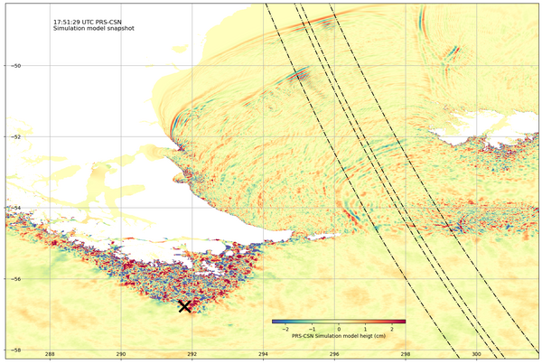 Figure 1 Simulation of the Drake Passage Tsunami at 17:51:29 UTC with Swot swath depicted with dashed dotted lines Credits: M. Fuentes & A. Delepoulle.  Full simulation movie https://prs.uchile.cl/simulacion-tsunami-de-magallanes-3-de-mayo-de-2025/