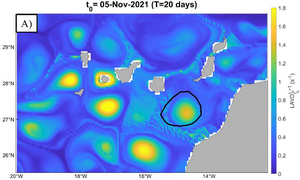 Composite of Lagrangian-averaged vorticity deviation (LAVD) with the speed contour from the Eddy atlas on one given day seen also on SLAs (credit University of Las Palmas de Gran Canaria)