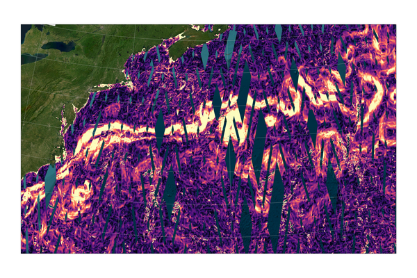 Gulf Stream geostrophic velocities as derived from KaRIn SSHA (L3 data, no interpolation) (Credit Cnes/CLS/JPL)