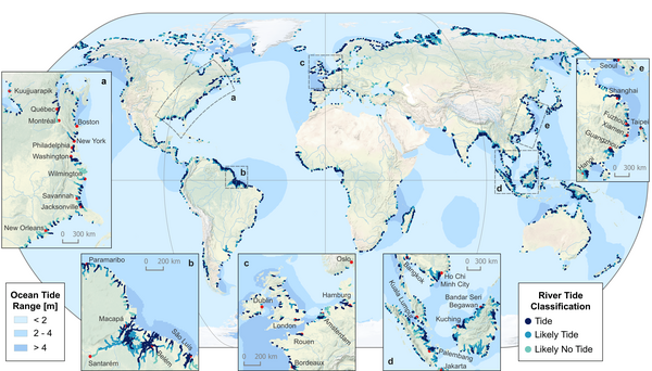 Global river tide classification map with detailed insets with selected coastal areas. Rivers are divided into four different classes depending if a tidal effect has been detected or not ("tide", "likely tide", "likely no tide", and "no tides" - only the first three classes are plotted). Red dots mark major cities. (from [Hart-Davis, 2026], credit DGFI-TUM) 