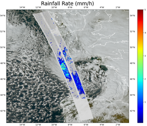 Rain rate on 2026/02/18 (Storm Pedro), from the future Swot rain L3 product, overlaid on Meteosat imagery (Credit Cnes/CLS/Fluctus) see also a snapshot with several current data overlaid on Aviso Calval platform: https://seashot.odl.bzh/s/z0E0otqQqzA
